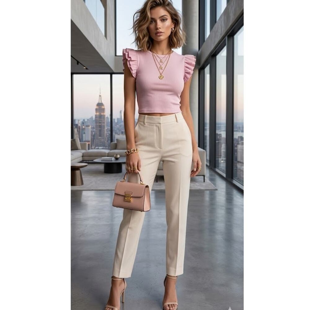 Zara Pink Ruffled Cropped Tee Shirt Womens L Girly Coquette Shirt Top Barbie